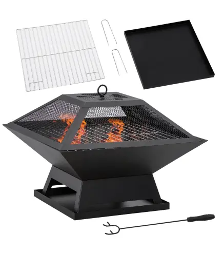 Brasero Exterior de Acero Pozo de Fuego para Jardín Multifuncional con Protector de Chispas y Atizador 45x45x34cm Negro