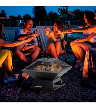 Brasero Exterior de Acero Pozo de Fuego para Jardín Multifuncional con Protector de Chispas y Atizador 45x45x34cm Negro