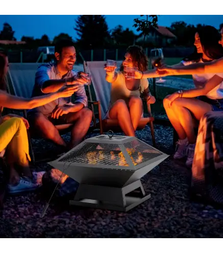 Brasero Exterior de Acero Pozo de Fuego para Jardín Multifuncional con Protector de Chispas y Atizador 45x45x34cm Negro