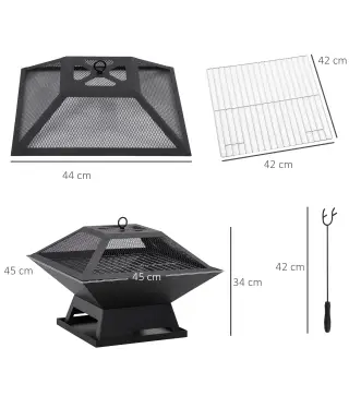 Brasero Exterior de Acero Pozo de Fuego para Jardín Multifuncional con Protector de Chispas y Atizador 45x45x34cm Negro