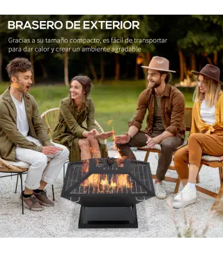 Brasero Exterior de Acero Pozo de Fuego para Jardín Multifuncional con Protector de Chispas y Atizador 45x45x34cm Negro
