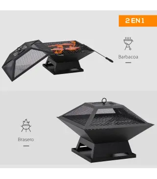 Brasero Exterior de Acero Pozo de Fuego para Jardín Multifuncional con Protector de Chispas y Atizador 45x45x34cm Negro