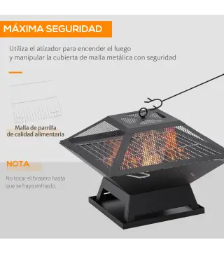 Brasero Exterior de Acero Pozo de Fuego para Jardín Multifuncional con Protector de Chispas y Atizador 45x45x34cm Negro