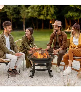 Brasero Exterior para Jardín Pozo de Fuego de Acero con Protector de Chispas y Atizador para Hogueras Ø55x50 cm Negro