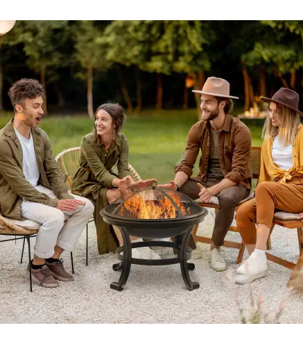 Brasero Exterior para Jardín Pozo de Fuego de Acero con Protector de Chispas y Atizador para Hogueras Ø55x50 cm Negro