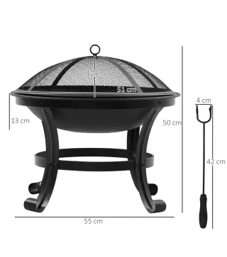 Brasero Exterior para Jardín Pozo de Fuego de Acero con Protector de Chispas y Atizador para Hogueras Ø55x50 cm Negro