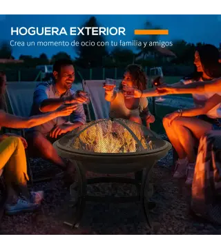 Brasero Exterior para Jardín Pozo de Fuego de Acero con Protector de Chispas y Atizador para Hogueras Ø55x50 cm Negro