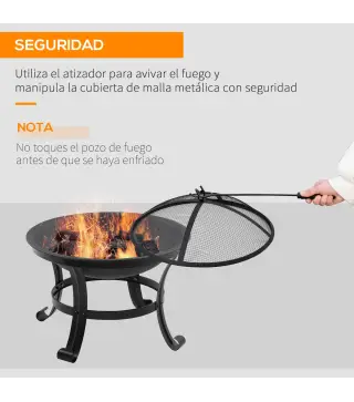 Brasero Exterior para Jardín Pozo de Fuego de Acero con Protector de Chispas y Atizador para Hogueras Ø55x50 cm Negro