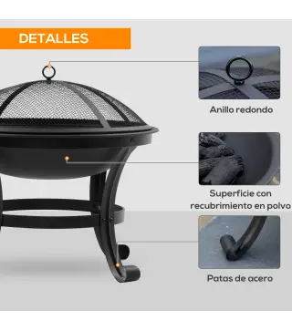 Brasero Exterior para Jardín Pozo de Fuego de Acero con Protector de Chispas y Atizador para Hogueras Ø55x50 cm Negro