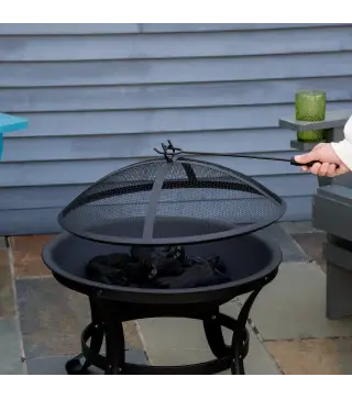 Brasero Exterior para Jardín Pozo de Fuego de Acero con Protector de Chispas y Atizador para Hogueras Ø55x50 cm Negro