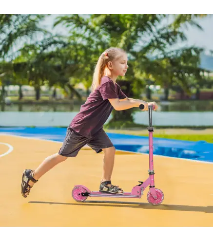 Patinete Infantil Plegable con Luces Música Altura Ajustable Ruedas Brillantes Pedal LED Carga 50kg 67x32x65-78cm Rosa