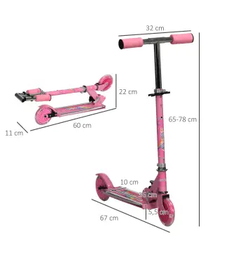 Patinete Infantil Plegable con Luces Música Altura Ajustable Ruedas Brillantes Pedal LED Carga 50kg 67x32x65-78cm Rosa