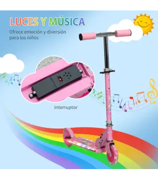Patinete Infantil Plegable con Luces Música Altura Ajustable Ruedas Brillantes Pedal LED Carga 50kg 67x32x65-78cm Rosa