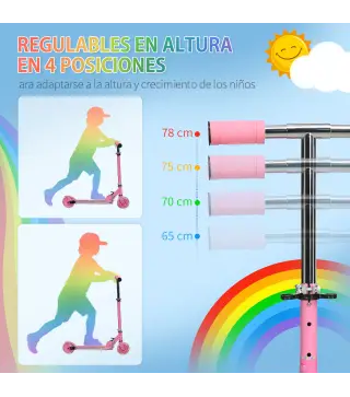Patinete Infantil Plegable con Luces Música Altura Ajustable Ruedas Brillantes Pedal LED Carga 50kg 67x32x65-78cm Rosa