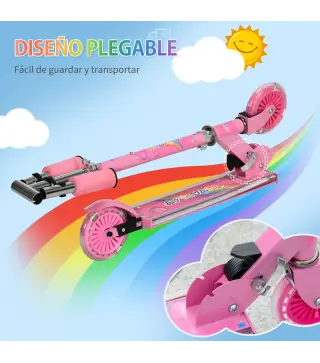 Patinete Infantil Plegable con Luces Música Altura Ajustable Ruedas Brillantes Pedal LED Carga 50kg 67x32x65-78cm Rosa