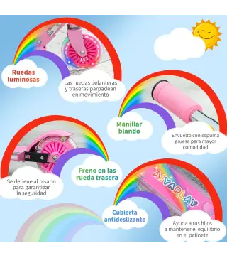 Patinete Infantil Plegable con Luces Música Altura Ajustable Ruedas Brillantes Pedal LED Carga 50kg 67x32x65-78cm Rosa