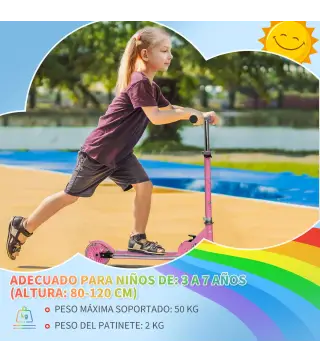 Patinete Infantil Plegable con Luces Música Altura Ajustable Ruedas Brillantes Pedal LED Carga 50kg 67x32x65-78cm Rosa
