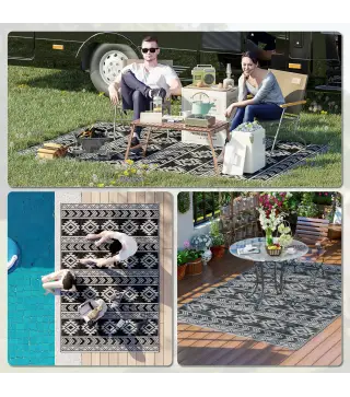 Alfombra de Exterior Reversible 182x274 cm Impermeable Anti-UV para Viajes en Autocaravana Negro y Gris