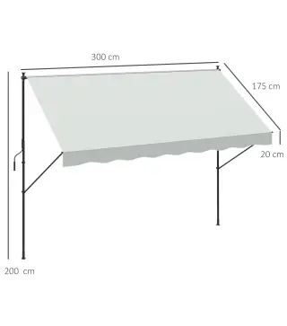 Toldo Manual Retráctil 300x175x210-310 cm Ajustable con Manivela Protección Solar UV40+ para Balcón Terraza Crema