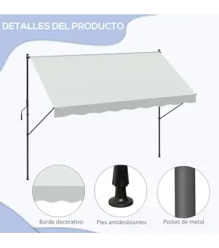 Toldo Manual Retráctil 300x175x210-310 cm Ajustable con Manivela Protección Solar UV40+ para Balcón Terraza Crema