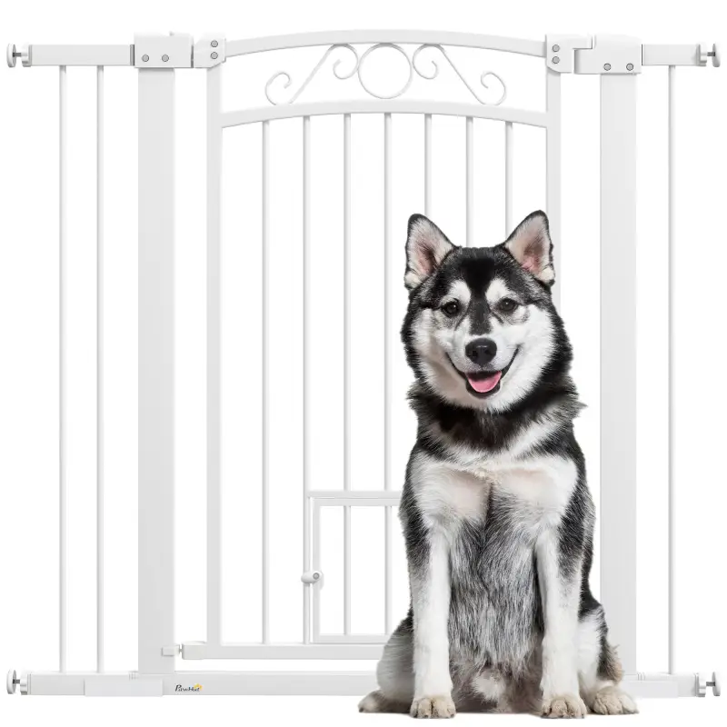 Puerta para Perros con Ancho Ajustable 76-104 cm 2 Extensiones Doble Bloqueo y Puerta Pequeña Blanco