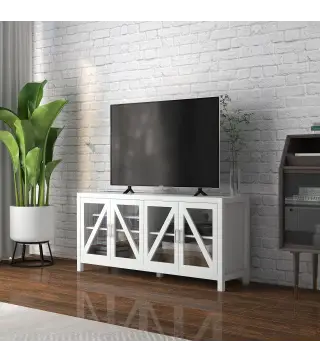 Mueble TV de Salón Mesa para Televisores de hasta 58" con 4 Puertas de Vidrio Estantes Ajustables 130x35x60 cm Blanco