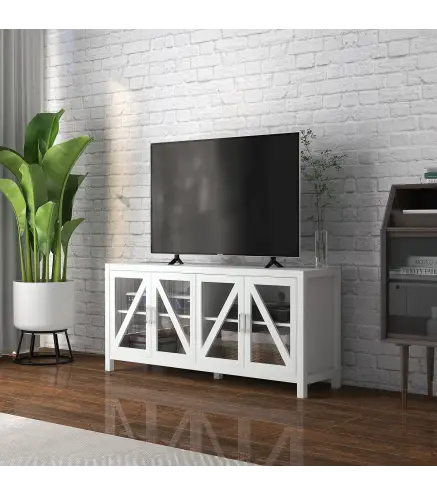 Mueble TV de Salón Mesa para Televisores de hasta 58" con 4 Puertas de Vidrio Estantes Ajustables 130x35x60 cm Blanco