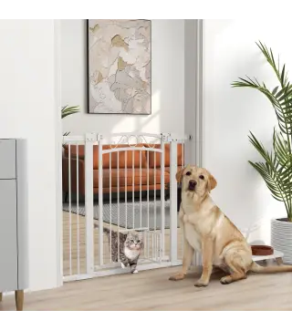 Puerta para Perros con Ancho Ajustable 76-104 cm 2 Extensiones Doble Bloqueo y Puerta Pequeña Blanco