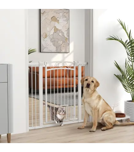 Puerta para Perros con Ancho Ajustable 76-104 cm 2 Extensiones Doble Bloqueo y Puerta Pequeña Blanco