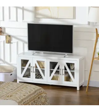 Mueble TV de Salón Mesa para Televisores de hasta 58" con 4 Puertas de Vidrio Estantes Ajustables 130x35x60 cm Blanco