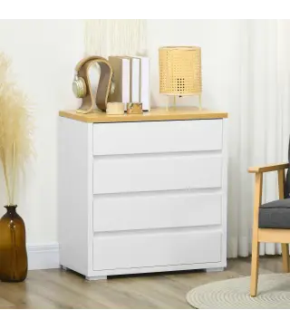 Cómoda Moderna con 4 Cajones Mueble Cajonera de Madera para Dormitorio Salón Habitación 70x37x75 cm Blanco y Natural