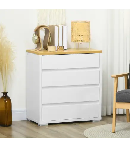 Cómoda Moderna con 4 Cajones Mueble Cajonera de Madera para Dormitorio Salón Habitación 70x37x75 cm Blanco y Natural