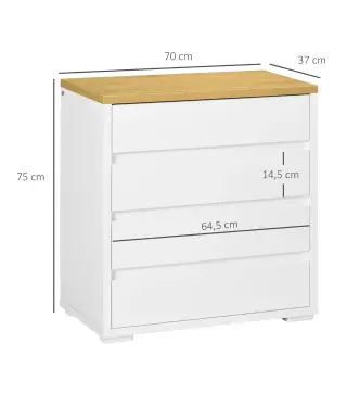 Cómoda Moderna con 4 Cajones Mueble Cajonera de Madera para Dormitorio Salón Habitación 70x37x75 cm Blanco y Natural