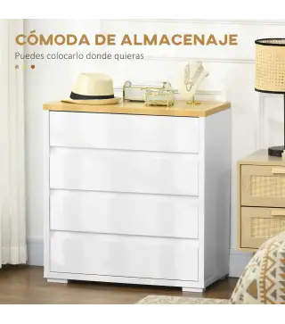 Cómoda Moderna con 4 Cajones Mueble Cajonera de Madera para Dormitorio Salón Habitación 70x37x75 cm Blanco y Natural