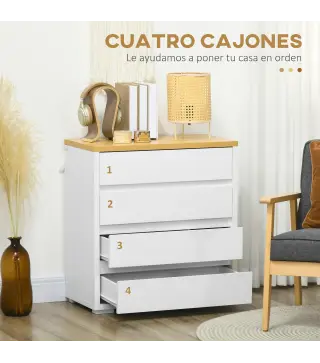 Cómoda Moderna con 4 Cajones Mueble Cajonera de Madera para Dormitorio Salón Habitación 70x37x75 cm Blanco y Natural