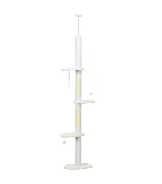Árbol Rascador para Gatos de Suelo a Techo Ajustable con 3 Plataforma de Forma de Nube y 2 Bolas 48x32x225-255 cm Blanco