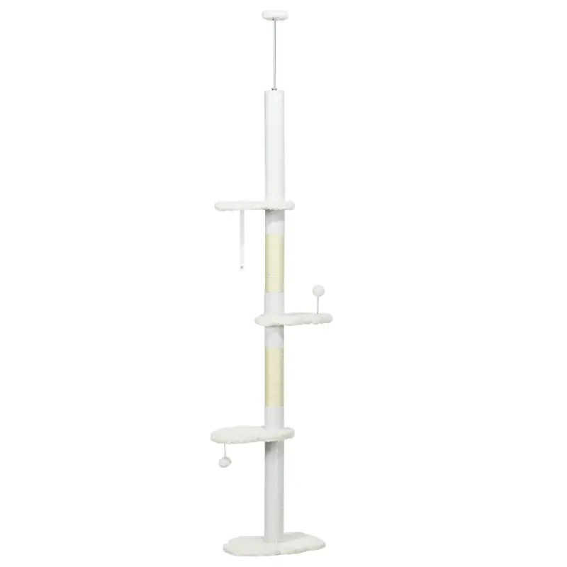 Árbol Rascador para Gatos de Suelo a Techo Ajustable con 3 Plataforma de Forma de Nube y 2 Bolas 48x32x225-255 cm Blanco
