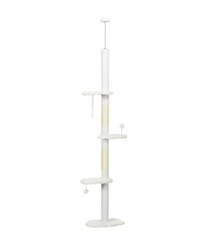 Árbol Rascador para Gatos de Suelo a Techo Ajustable con 3 Plataforma de Forma de Nube y 2 Bolas 48x32x225-255 cm Blanco