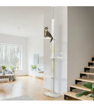 Árbol Rascador para Gatos de Suelo a Techo Ajustable con 3 Plataforma de Forma de Nube y 2 Bolas 48x32x225-255 cm Blanco