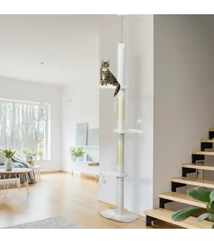 Árbol Rascador para Gatos de Suelo a Techo Ajustable con 3 Plataforma de Forma de Nube y 2 Bolas 48x32x225-255 cm Blanco