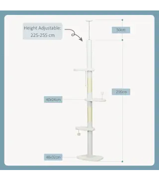 Árbol Rascador para Gatos de Suelo a Techo Ajustable con 3 Plataforma de Forma de Nube y 2 Bolas 48x32x225-255 cm Blanco