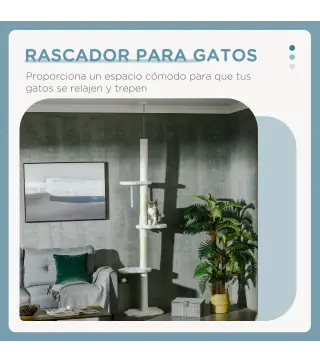 Árbol Rascador para Gatos de Suelo a Techo Ajustable con 3 Plataforma de Forma de Nube y 2 Bolas 48x32x225-255 cm Blanco