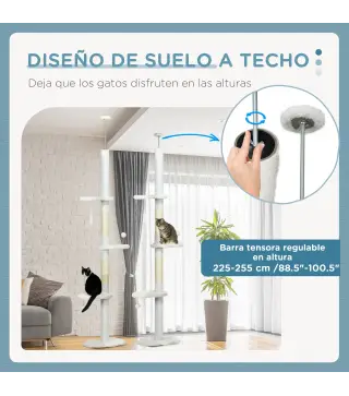Árbol Rascador para Gatos de Suelo a Techo Ajustable con 3 Plataforma de Forma de Nube y 2 Bolas 48x32x225-255 cm Blanco