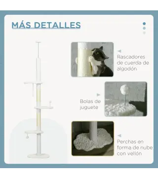 Árbol Rascador para Gatos de Suelo a Techo Ajustable con 3 Plataforma de Forma de Nube y 2 Bolas 48x32x225-255 cm Blanco