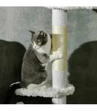 Árbol Rascador para Gatos de Suelo a Techo Ajustable con 3 Plataforma de Forma de Nube y 2 Bolas 48x32x225-255 cm Blanco