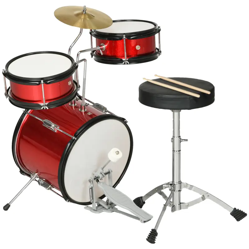Batería para Niños de +3 Años con Taburete Ajustable Tambores Bombo Platillo Pedal y Baquetas 80x60x48-65 cm Rojo