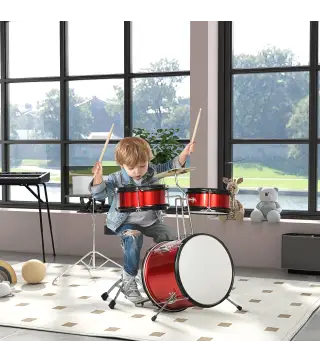 Batería para Niños de +3 Años con Taburete Ajustable Tambores Bombo Platillo Pedal y Baquetas 80x60x48-65 cm Rojo