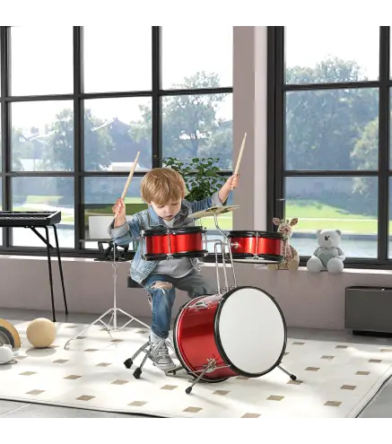 Batería para Niños de +3 Años con Taburete Ajustable Tambores Bombo Platillo Pedal y Baquetas 80x60x48-65 cm Rojo