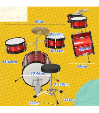 Batería para Niños de +3 Años con Taburete Ajustable Tambores Bombo Platillo Pedal y Baquetas 80x60x48-65 cm Rojo