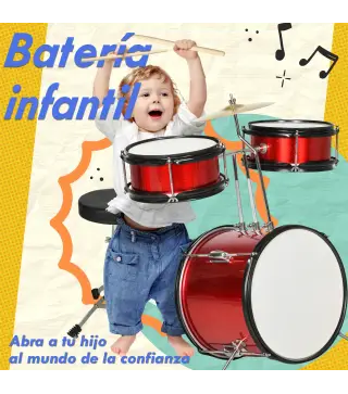 Batería para Niños de +3 Años con Taburete Ajustable Tambores Bombo Platillo Pedal y Baquetas 80x60x48-65 cm Rojo